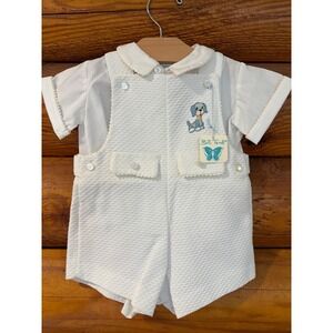 Betti Terrell Vintage Baby‎ Boy White Pique Romper Set Embroidered Puppy 6-9 Mon